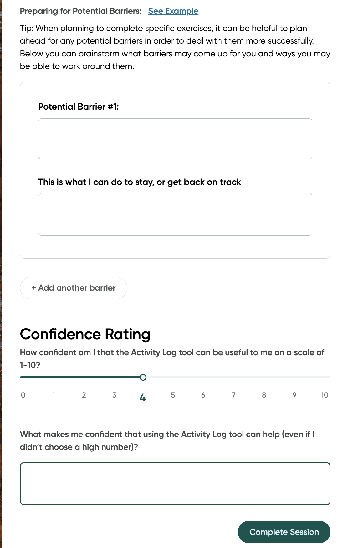 Screenshot of the activity log exercise