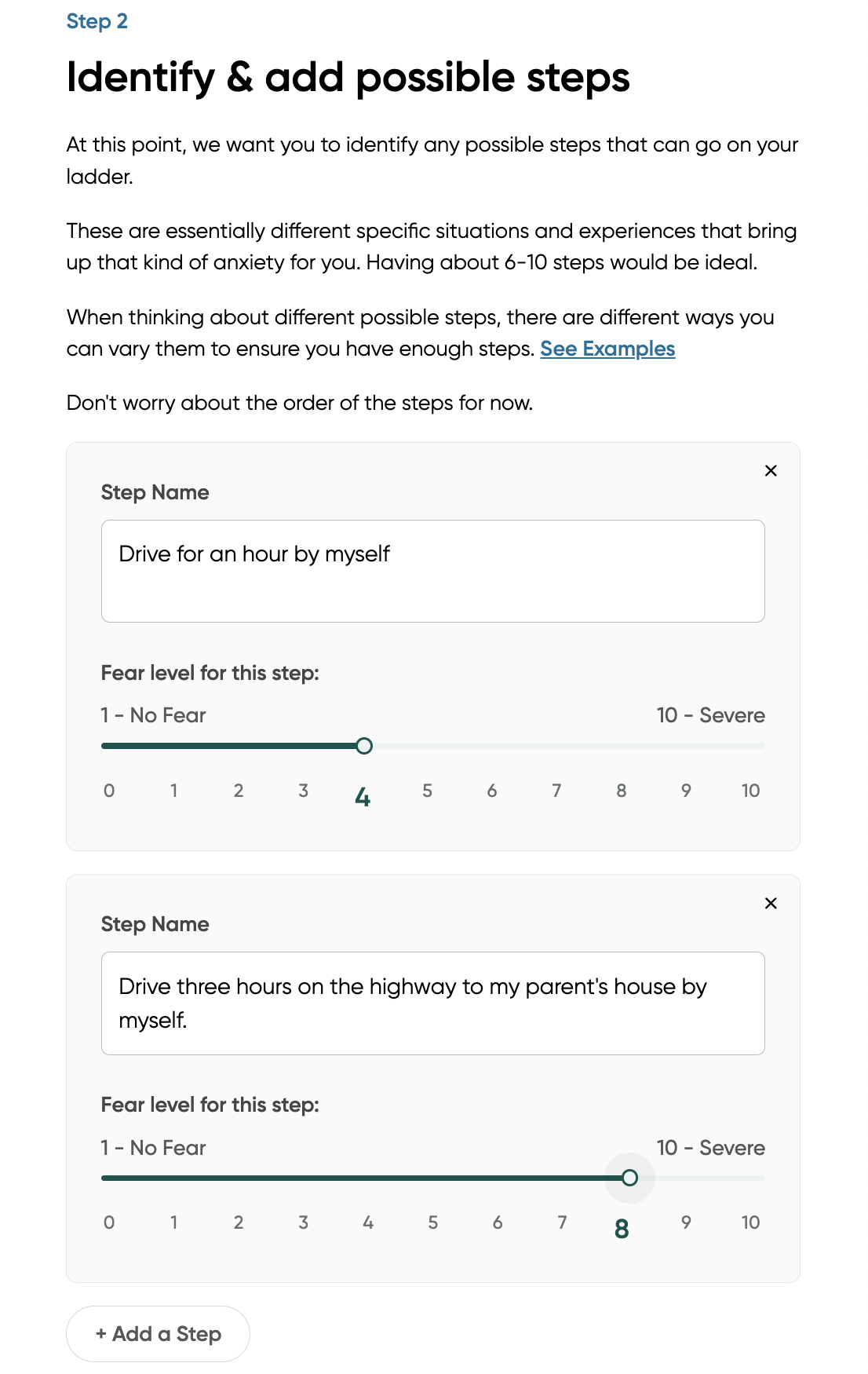 Screen shot of the second part of the fear ladder exercise
