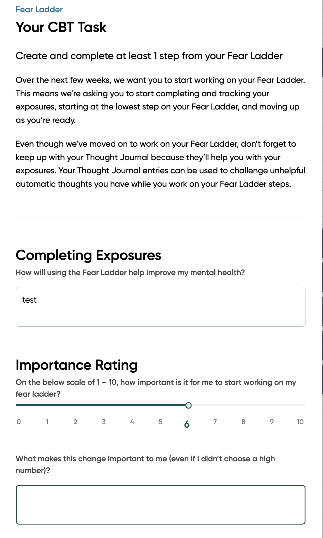 A screen shot of the fear ladder exercise