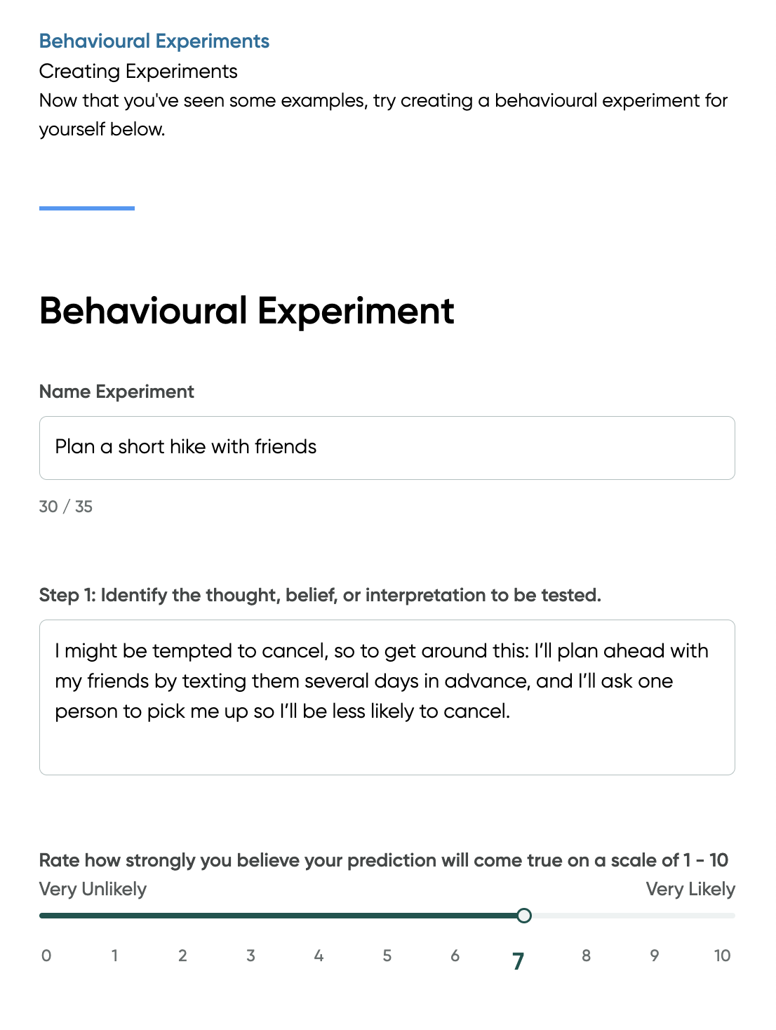 Screen shot of the creating experiments section